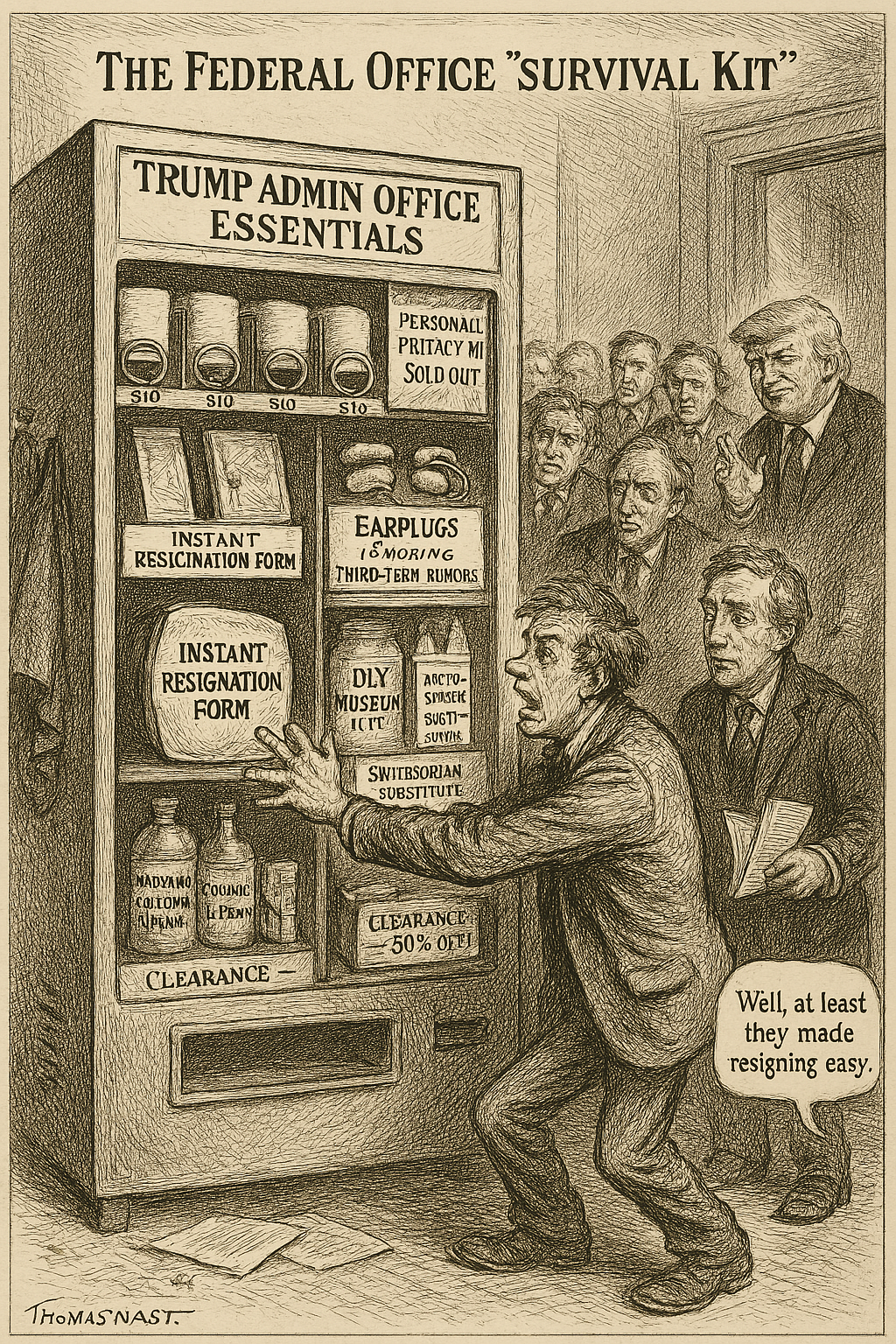 I tried ordering the resignation button online, but it's backordered till 2028. Guess I'm stuck waiting for the impeachment flavor restock. NYTComic for March 31, 2025