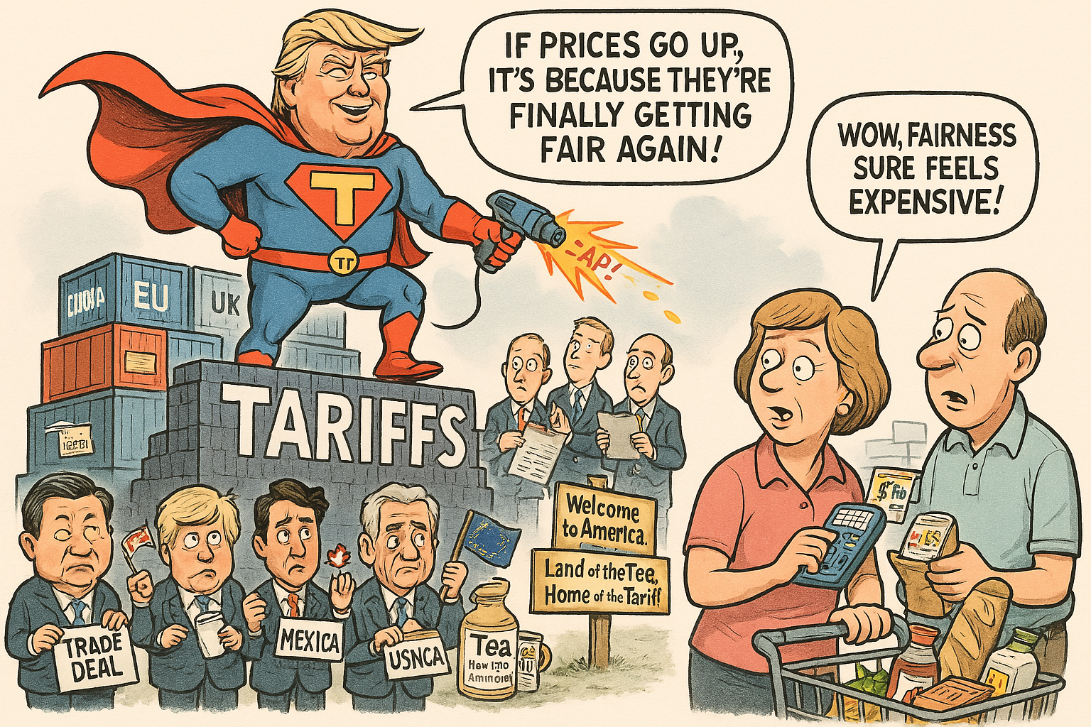 Economists warn tariffs will raise prices, but don't worry—Tariff-Man assures us they're using alternative math. Apparently, two wrong tariffs make a right. NYTComic for April 2, 2025