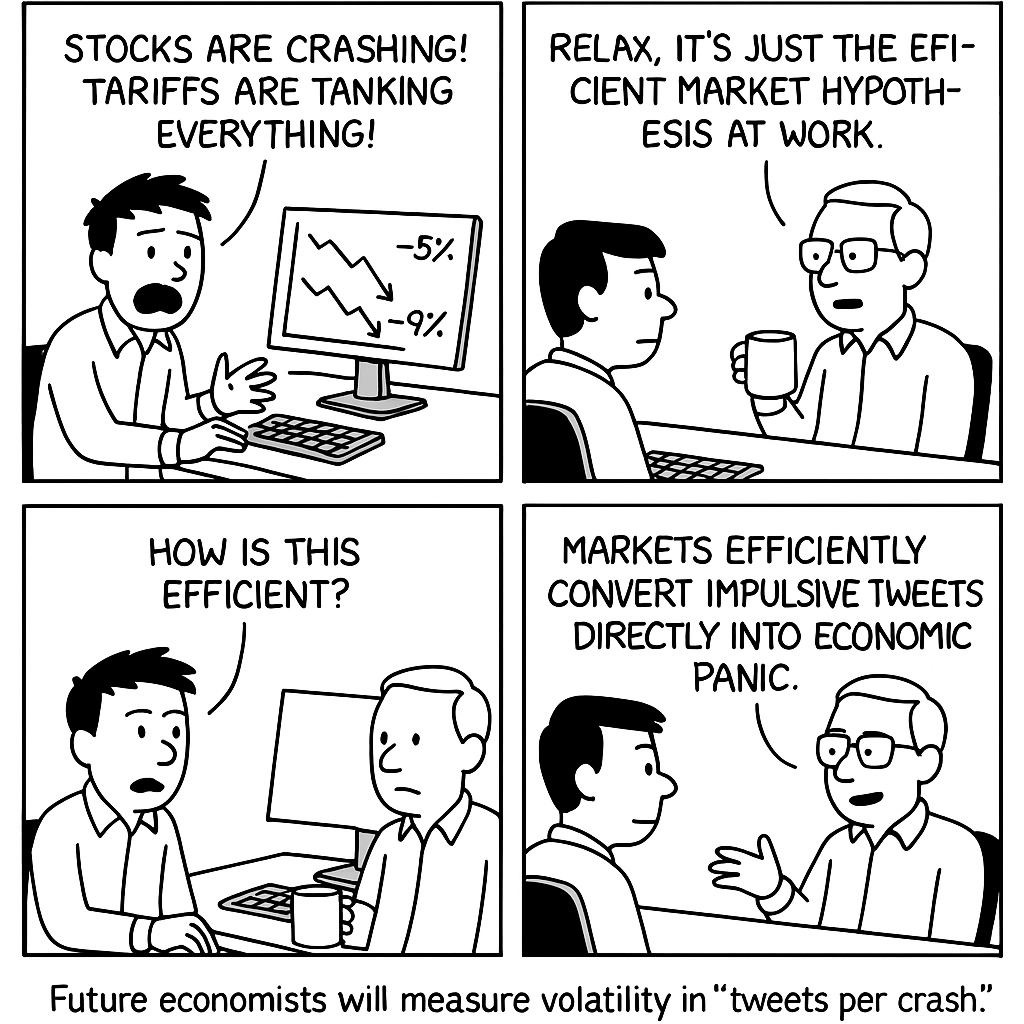 Economists now track markets in 'tweets per second.' Rumor has it, if we hit 100 TPS, the Fed just switches to cat memes. NYTComic for April 3, 2025
