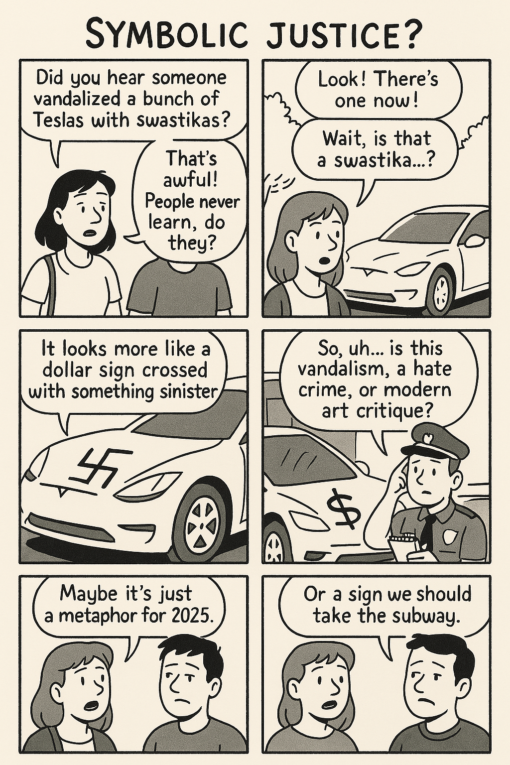 Officer: 'So, should I classify this as vandalism, political protest, or abstract impressionism?' Alice: 'Yes.' NYTComic for April 6, 2025