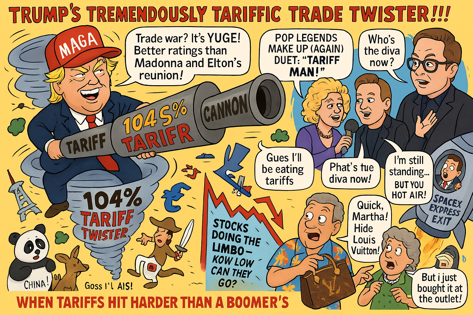 Looks like Trump's tariffs are higher than my cholesterol after Thanksgiving dinner—better hide your handbags and retirement funds before he taxes those too! MAGA-nificent! NYTComic for April 8, 2025
