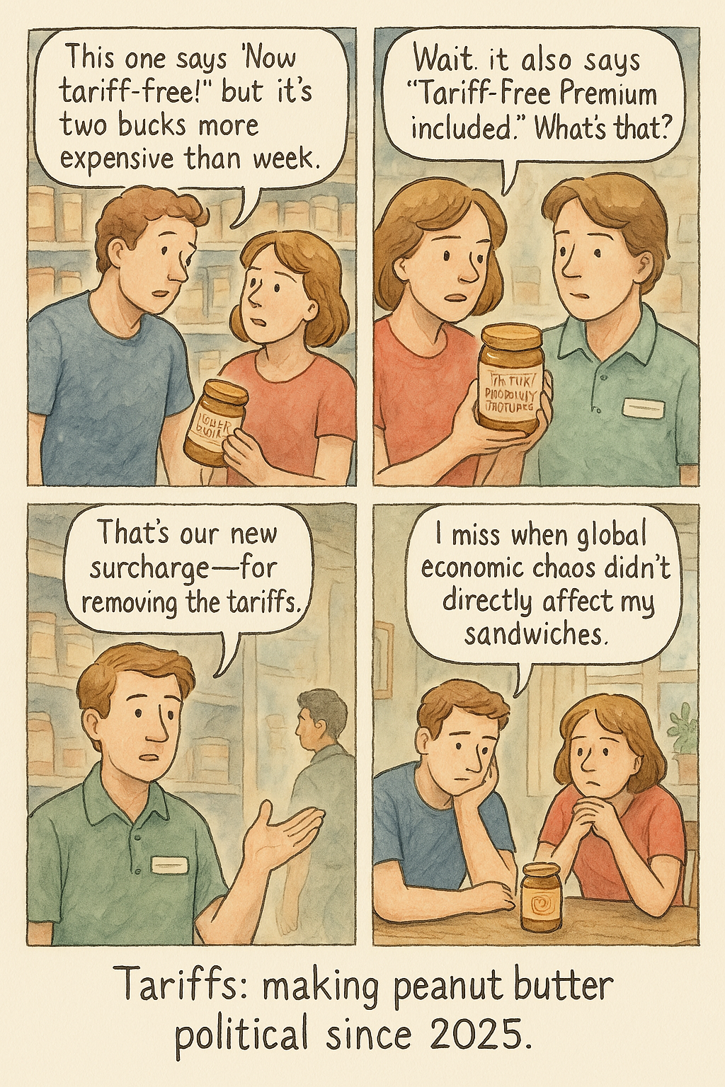 If tariffs keep escalating, soon we'll have artisanal peanut butter shops offering locally sourced, tariff-resistant sandwiches. NYTComic for April 9, 2025